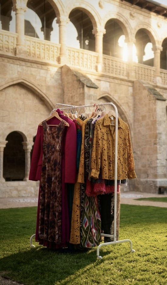 Showroom Maison Rêve · Claustro patrimonial con percheros de prendas curadas